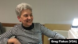 Linda Ebersole takes a break from her weeking sewing gathering at the Fulton Community Centerl.