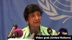 Komisaris Tinggi PBB urusan Hak Asasi Navi Pillay memberikan keterangan kepada pers di Juba, Rabu (30/4).