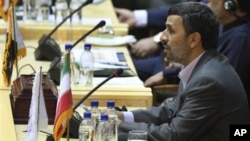 Iranian President Mahmoud Ahmadinejad, speaks, during the 'International Conference on Global Fight Against Terrorism' in Tehran, Iran, June 25, 2011.