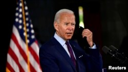 FILE - Democratic U.S. presidential candidate and former Vice President Joe Biden speaks during a campaign event at a recreation center in Lancaster, Pennsylvania, June 25, 2020.