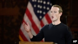 Facebook CEO Mark Zuckerberg speaks at Georgetown University in Washington, Oct. 17, 2019. 