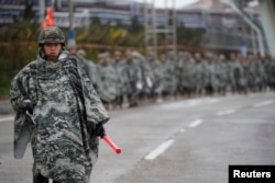 South Korean marines march during a military exercise as a part of the annual joint military training called Foal Eagle between South Korea and the U.S. in Pohang, South Korea, April 5, 2018.