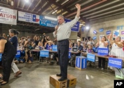 Democratic vice presidential nominee Tim Kaine speaks to Democratic activists and volunteers on Tuesday, Aug. 9, 2016, in East Austin, Texas. (Ricardo B. Brazziell/Austin American-Statesman via AP)