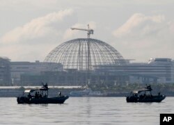 Patrol boats of the Philippine Navy Special Operations Group are positioned near the venue as they implement a no-sail zone policy at the restricted zone for next week's APEC (Asia-Pacific Economic Cooperation) Summit of Leaders Friday, Nov. 13, 2015.