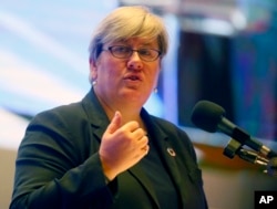 FILE - Rachel Kyte, CEO of Sustainable Energy for All, set up by the United Nations, addresses delegates to an energy forum at the headquarters of the Asian Development Bank at suburban Mandaluyong city, northeast of Manila, Philippines, June 8, 2016.