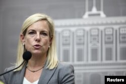 FILE - Homeland Security Secretary Kirstjen Nielsen addresses the media, after Hurricane Maria's devastation, in San Juan, Puerto Rico, Dec. 19, 2017.