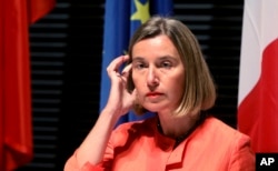 European Union High Representative for Foreign Affairs Federica Mogherini addresses the media after closed-door talks on the Iranian nuclear program in Vienna, July 6, 2018.