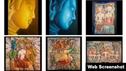 ផ្ទាំងគំនូររូបព្រះពុទ្ធ អ្នករាំរបាំអប្សរា និងរូបសត្វ (រូបពីគេហទំព័រ Khmer Art Gallery)