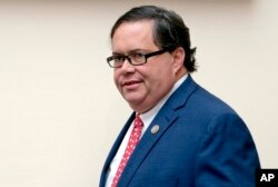 Rep. Blake Farenthold, R-Texas, arrives for a House Judiciary Committee oversight hearing on Capitol Hill, Dec. 13, 2017, in Washington.