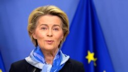 European Commission President Ursula von der Leyen gives a statement after the European Medicines Agency (EMA) gave the green light to European countries to start COVID-19 vaccinations in the coming days, following regulatory approval for the use of a sho