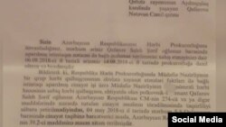 Saleh Qafarova bəraət verilməsi barədə Hərbi Prokurorluğun məktubu