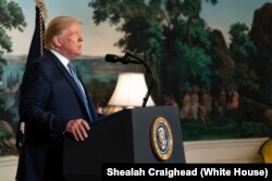President Donald J. Trump addresses his remarks Monday, August 5, 2019, in the Diplomatic Reception Room of the White House on the mass shootings over the weekend in El Paso, Texas and Dayton, Ohio.
