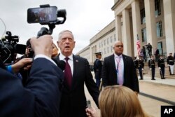 Defense Secretary James Mattis answers a question from members of the Polish media, before a arrival ceremony for Poland's Minister of Defense Mariusz Blaszczak, April 27, 2018, at the Pentagon.