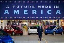 President Joe Biden arrives to speak during a visit to the General Motors Factory ZERO electric vehicle assembly plant, in Detroit, Nov. 17, 2021.