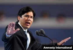 FILE - State Sen. Kevin de Leon, D- Calif., speaks during the first day of the Democratic National Convention in Philadelphia, July 25, 2016.