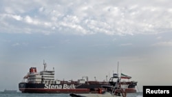 FILE - A British-flagged oil tanker Stena Impero, which was seized by the Iran's Revolutionary Guard on Friday, is photographed in the Iranian port of Bandar Abbas, July 20, 2019. 