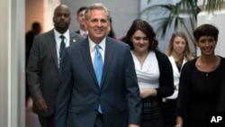 Majority Leader Rep. Kevin McCarthy, R-Calif., arrives for a meeting ahead of a nomination vote to replace House Speaker John Boehner, who is stepping down, and retiring from Congress, at the end of the month, Oct. 8, 2015.