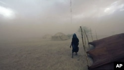 A Tuareg woman walks during a sandstorm in Ingal, Niger, September 18, 2011.