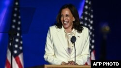 Vice President-elect Kamala Harris delivers remarks in Wilmington, Delaware, on November 7, 2020, after being declared the winner with Joe Biden of the presidential election. (Photo by Jim WATSON / AFP)