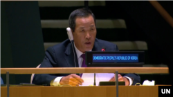 김성 유엔주재 북한대사가 29일 뉴욕 유엔본부에서 제75차 유엔총회 연설을 하고 있다.