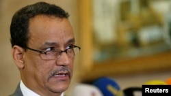 United Nations envoy for Yemen, Ismail Ould Cheikh speaks to reporters before his departure from Sanaa, Yemen, Nov. 7, 2016. Cheikh's plan to end the 20-month conflict in Yemen was rejected Tuesday, Dec. 6, 2016. 