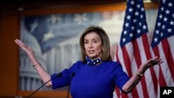 Speaker of the House Nancy Pelosi, D-Calif., speaks during a news conference at the Capitol in Washington, Aug. 27, 2020. 