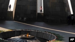 FILE - A view inside the Tzitzernakaberd memorial to the victims of mass killings by Ottoman Turks, in the Armenian capital Yerevan, Armenia, Oct. 30, 2019. 