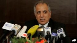 FILE - Former U.S. official Zalmay Khalilzad speaks during a news conference at Serena Hotel in Kabul, Afghanistan.