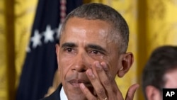 Presiden Obama saat menyampaikan pidatonya tetangan gagasan aturan pembatasan kepemilikan senjata, Selasa, 5 Januari 2016.