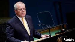 Perdana Menteri Australia, Scott Morrison saat berpidato di markas besar PBB, New York, 25 September 2019. (Foto: dok).