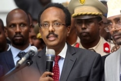 FILE - Somalia's President Mohamed Abdullahi Farmajo addresses lawmakers in the capital Mogadishu, Feb. 8, 2017.