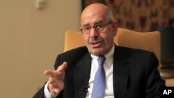 FILE - Former director of the U.N.'s nuclear agency and Nobel peace laureate Mohamed ElBaradei speaks during a news conferencein Cairo, Jan. 28, 2013.