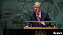 안토니우 구테흐스 유엔 사무총장이 2024년 9월 24일 미국 뉴욕 유엔본부에서 열린 제79차 유엔총회에서 연설했다.