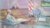 In this courtroom sketch defense witness Stephen Bennett, right, testifies as Maj. Nidal Malik Hasan, left, and presiding judge Col. Tara Osborn look on in court during Hasan's court-martial in Fort Hood, Texas, Aug. 20, 2013. 