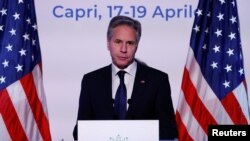 在意大利卡普里岛参加完七国集团外长会议的美国国务卿布林肯举行记者会。(2024年4月19日)