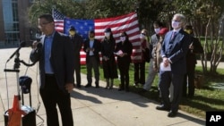 James Pan, the parent of an eighth-grader, speaks about a lawsuit he and other parents filed against the Fairfax County School Board over its plans to change the admissions process at Thomas Jefferson High School for Science and Technology. (AP Photo/Matthew Barakat)