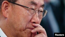 U.N. Secretary General Ban Ki-moon listens during a ceremony at the city hall in Vienna, Aug. 29, 2013. 