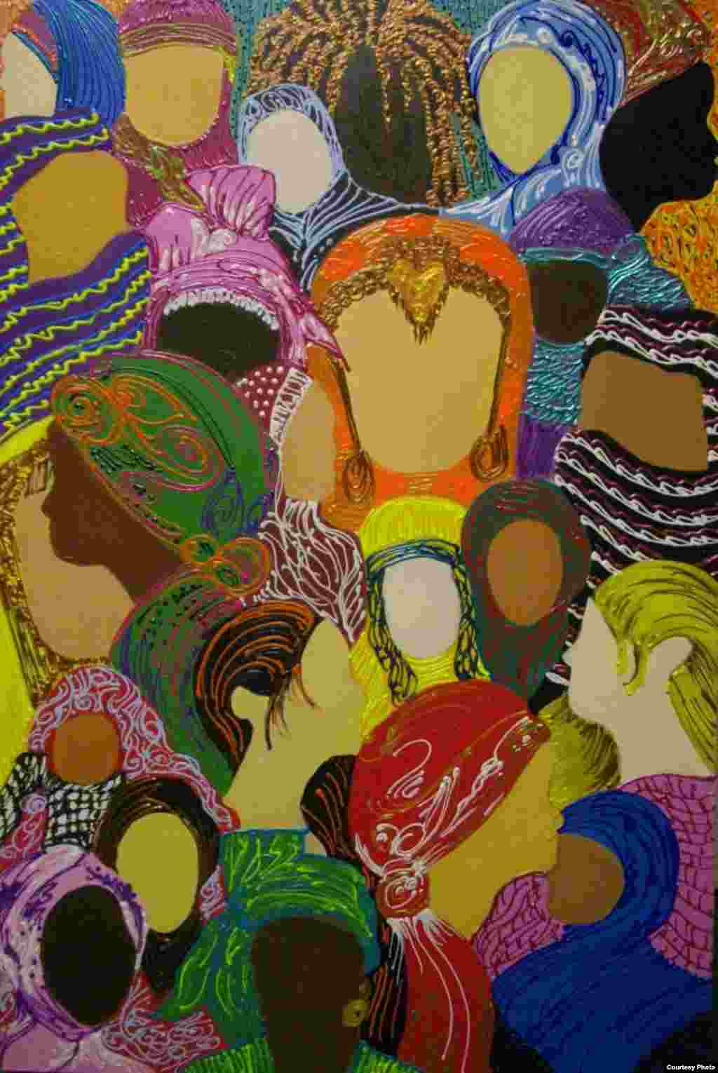 By depicting Muslim women with and without headscarves, Kelly Izdihar Crosby, of the United States, shows the diversity of the Islamic global community. (International Museum of Women)
