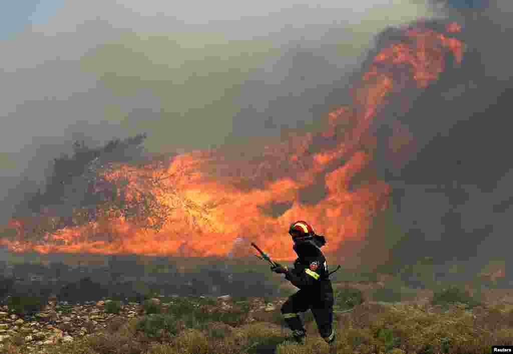 Seorang petugas pemadam kebakaran Yunani berjalan menuju tempat yang lebih aman di saat kebakaran hutan mengamuk di kota Marathon dekat Athena, Yunani. (REUTERS/Yannis Behrakis)