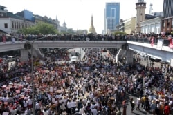 Demonstrators gather near the Sule Pagoda to protest against the military seizure of power in Yangon, Myanmar, Feb. 17, 2021. (Credit: VOA Burmese Service)