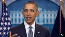 오바마 대통령이 지난달 백악관 브리핑룸에서 회견하고 있다. (자료사진)