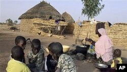 A Nigerian woman cooks millet paste as children eat breakfast from a shared bowl in the village of Tamou, 60 kilometers outside Niamey, Niger, Feb 2010 (file photo)