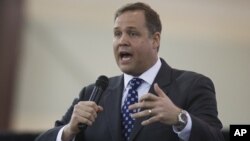 FILE - Rep. Jim Bridenstine, R-Oklahoma, speaks during a rally in Tulsa, Oklahoma, Feb. 28, 2016. Bridenstine is President Donald Trump's pick to head NASA.