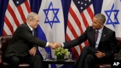 FILE - President Barack Obama shakes hands with Israeli Prime Minister Benjamin Netanyahu during a bilateral meeting at the Lotte New York Palace Hotel in New York, Sept. 21, 2016. 