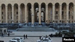 A drone view shows Georgia's parliament building covered with paint and damaged during recent opposition protests against the government's decision to suspend talks on joining the European Union, in Tbilisi, Georgia December 3, 2024. 