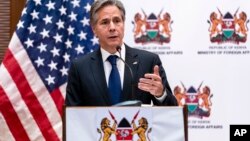 Secretary of State Antony Blinken speaks during a news conference with Foreign Affairs Secretary Raychelle Omamo at a news conference at the Serena Hotel in Nairobi, Kenya, Nov. 17, 2021. 