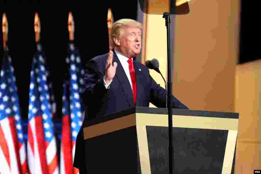 Trump promised to bring sweeping political change, to create wealth, and to make America safe again in a speech that excited delegates on the fourth and final day of the convention. (A. Shaker/VOA)