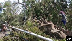 A man chops at parts of a tree branch fallen on a road after Cyclone Amphan hit the region in Kolkata, India, May 23, 2020.
