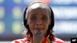 Jemima Sumgong, première Kényane de l'histoire championne olympique de marathon l'été dernier à Rio, 14 août 2016.