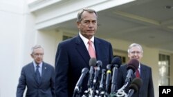 From left: Senate Majority Leader Harry Reid, House Speaker John Boehner and Senate Minority Leader Mitch McConnell outside the White House, Nov. 16, 2012.